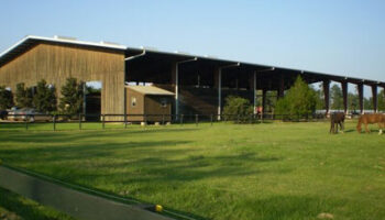 A large building with grass in front of it