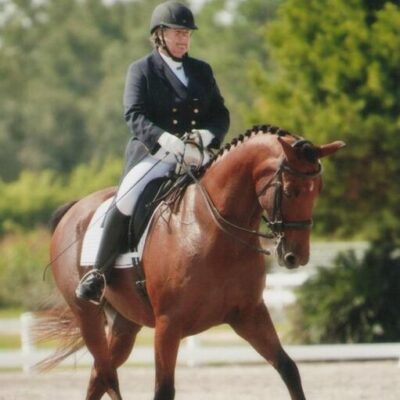 A woman riding on the back of a brown horse.