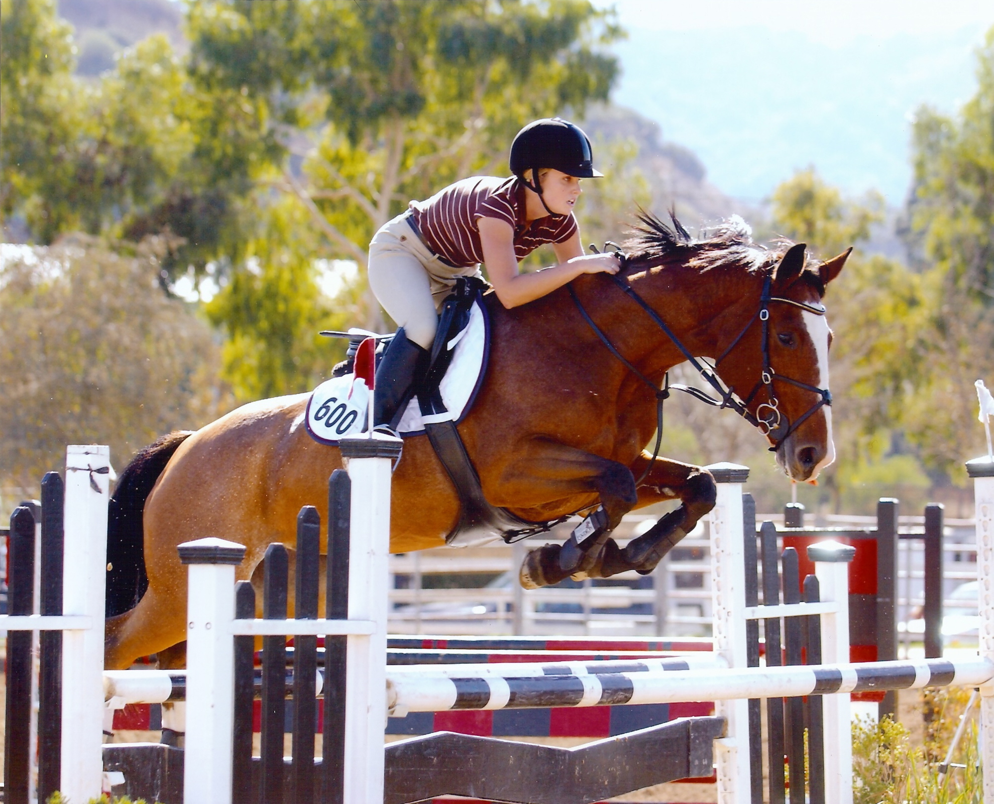 A woman riding on the back of a brown horse.